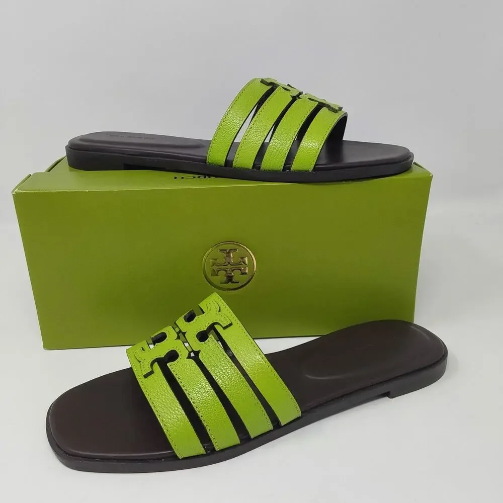 Tory Burch Ines Cage Slide Sandals Light Chartreuse Cocoa Leather US 8